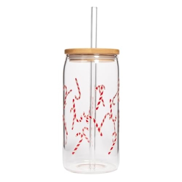 Sweet Water Decor Candy Cane Can Glass - Festive Drinkware with Lid and Straw for Christmas