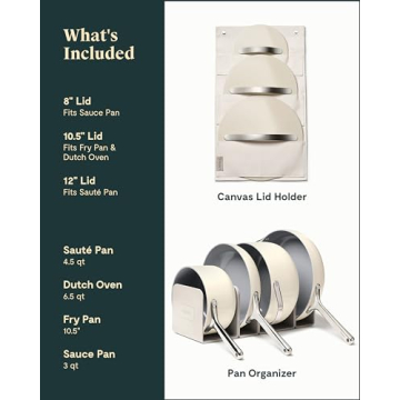 Caraway Nonstick Ceramic Cookware Set (12 Piece) Pots, Pans, 3 Lids and Kitchen Storage - Non Toxic - Oven Safe & Compatible with All Stovetops - Cream