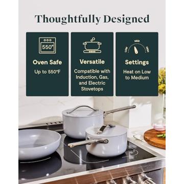 Caraway Nonstick Ceramic Cookware Set (12 Piece) Pots, Pans, 3 Lids and Kitchen Storage - Non Toxic - Oven Safe & Compatible with All Stovetops - Cream