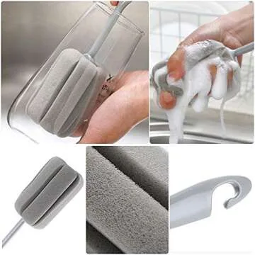 4PCS Grey Soft Sponge Bottle Cleaning Brush Plastic Handle Cup Brush Scrubber Washing Brush vase Bottle Pot Cleaner（2 size 10”15”）