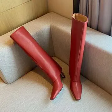 Kluolandi Women's Stiletto High Heel Knee High Boots Pointed Toe Fold Over Boots for Women Knee High Dress Shoes Red Size 4