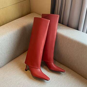 Kluolandi Women's Stiletto High Heel Knee High Boots Pointed Toe Fold Over Boots for Women Knee High Dress Shoes Red Size 4