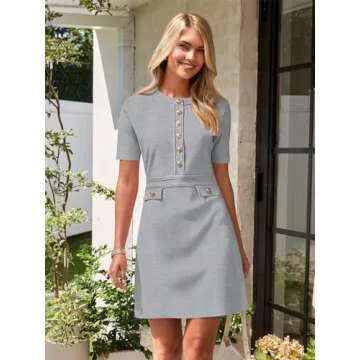 MEROKEETY Women's Knit Bodycon Sweater Dress Button Short Sleeve Crew Neck Elegant Formal Mini Dress, LightGrey, Small
