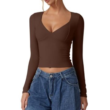 Stylish QINSEN Long Sleeve V Neck Tee for Fashionable Women