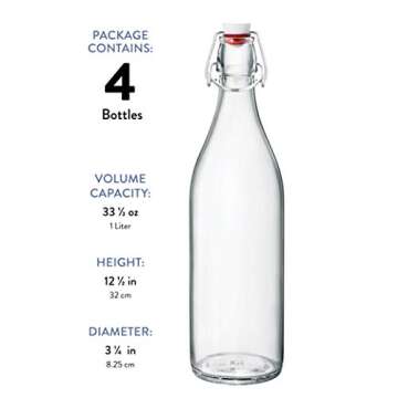 Bormioli Rocco Giara Swing Top Bottles 33 ¾ Ounce-4 Pack Round Clear Glass Grolsch Flip Top Bottle With Stopper, for Beverages, Smoothies, Kefir, Beer, Soda, Juicing, Kombucha, Water, Milk and Vinegar