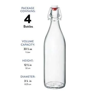Bormioli Rocco Giara Swing Top Bottles 33 ¾ Ounce-4 Pack Round Clear Glass Grolsch Flip Top Bottle With Stopper, for Beverages, Smoothies, Kefir, Beer, Soda, Juicing, Kombucha, Water, Milk and Vinegar