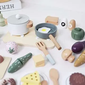 nunukids Wooden Play Food Sets for Kids Kitchen 42 pc Wooden Toys with Storage Basket Wood Pretend Food Play Kitchen Accessories Set