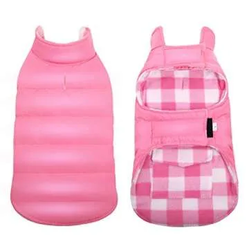 ASENKU Dog Winter Coat - Fleece Jacket, Plaid Reversible Dog Vest, Waterproof Windproof, Pink, S-XL