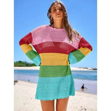 Prinbara Crochet Cover Up for Women Swimsuit Summer Bathing Suit 2025 Swim Hollow Out Bikini Swimwear Mesh Knit Beach Dress Rainbow Stripe Medium