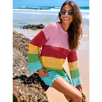 Prinbara Crochet Cover Up for Women Swimsuit Summer Bathing Suit 2025 Swim Hollow Out Bikini Swimwear Mesh Knit Beach Dress Rainbow Stripe Medium