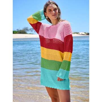 Prinbara Crochet Cover Up for Women Swimsuit Summer Bathing Suit 2025 Swim Hollow Out Bikini Swimwear Mesh Knit Beach Dress Rainbow Stripe Medium