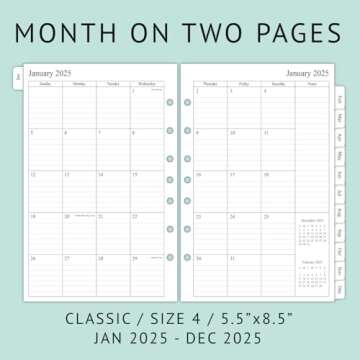 newestor 2025 Weekly & Monthly Planner Refill, 5-1/2" x 8-1/2", Runs from January 2025 to December 2025, Ruled Daily Blocks, Classic/Desk Size 4, 7-Hole Punched