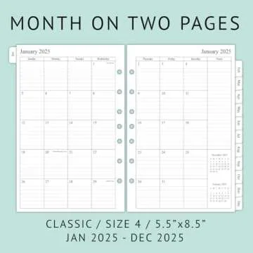 newestor 2025 Weekly & Monthly Planner Refill, 5-1/2" x 8-1/2", Runs from January 2025 to December 2025, Ruled Daily Blocks, Classic/Desk Size 4, 7-Hole Punched