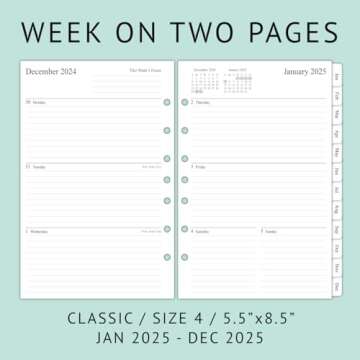 newestor 2025 Weekly & Monthly Planner Refill, 5-1/2" x 8-1/2", Runs from January 2025 to December 2025, Ruled Daily Blocks, Classic/Desk Size 4, 7-Hole Punched