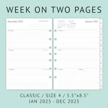 newestor 2025 Weekly & Monthly Planner Refill, 5-1/2" x 8-1/2", Runs from January 2025 to December 2025, Ruled Daily Blocks, Classic/Desk Size 4, 7-Hole Punched