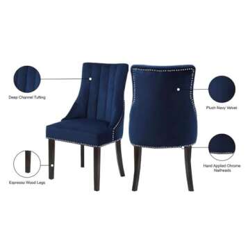 Meridian Furniture Oxford Collection Modern | Contemporary Velvet Upholstered Dining Chair with Deep Channel Tufting and Espresso Wood Legs, Set of 2, Navy, 20.5" W x 25" D x 38.5" H