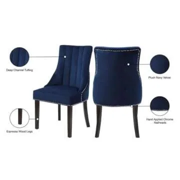Meridian Furniture Oxford Collection Modern | Contemporary Velvet Upholstered Dining Chair with Deep Channel Tufting and Espresso Wood Legs, Set of 2, Navy, 20.5" W x 25" D x 38.5" H