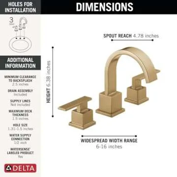 Delta Faucet Vero Widespread Bathroom Faucet 3 Hole, Gold Bathroom Faucet, Bathroom Sink Faucet, 2 Handle Bathroom Faucet, Bath Faucet, Metal Drain Assembly, Champagne Bronze 3553LF-CZ