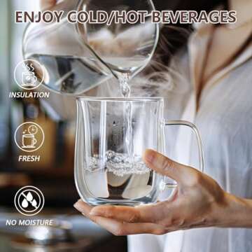 Double Walled Glass Coffee Mugs 12 oz, Glass Coffee Cups Set of 4 with Spoons, Clear Coffee Mug with Handles for Hot Beverages, Cappuccino, Latte, and Tea Bags.
