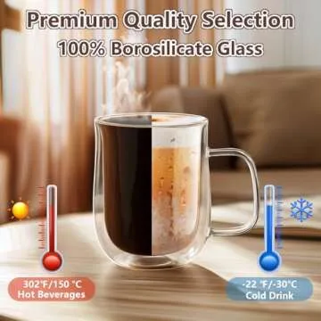 Double Walled Glass Coffee Mugs 12 oz, Glass Coffee Cups Set of 4 with Spoons, Clear Coffee Mug with Handles for Hot Beverages, Cappuccino, Latte, and Tea Bags.