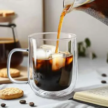 Double Walled Glass Coffee Mugs 12 oz, Glass Coffee Cups Set of 4 with Spoons, Clear Coffee Mug with Handles for Hot Beverages, Cappuccino, Latte, and Tea Bags.