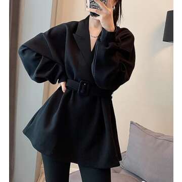 LAI MENG FIVE CATS Women's Casual Shirt Long Sleeve Jacket Pullover V Neck Blouse Tops With Belt