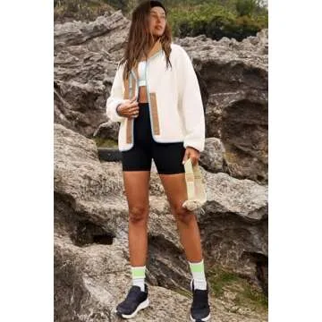 Nirovien Womens Fuzzy Fleece Jacket Colorblock Sherpa Coats Shawl Collar Button Down Warm Outwear with Pockets(Beige Khaki,L)