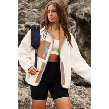 Nirovien Womens Fuzzy Fleece Jacket Colorblock Sherpa Coats Shawl Collar Button Down Warm Outwear with Pockets(Beige Khaki,L)