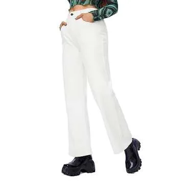 SweatyRocks Women's Casual Loose High Waist Solid Straight Wide Leg Jeans White Elastic Waist XS