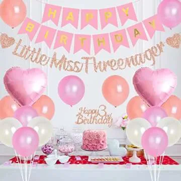 JOYMEMO 3rd Birthday Decorations for Girls Pink and Rose Gold Happy Birthday Banner Cake Topper, Lit...