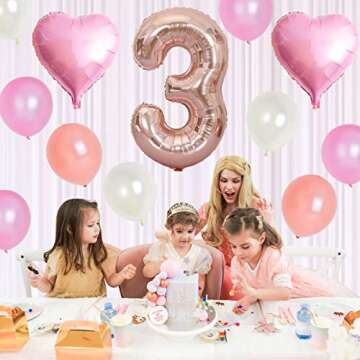 JOYMEMO 3rd Birthday Decorations for Girls Pink and Rose Gold Happy Birthday Banner Cake Topper, Little Miss Threenager Garland, Rose Gold Large Number 3 Foil Balloon and Pink Heart Balloons