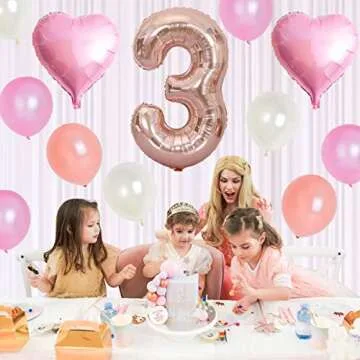 JOYMEMO 3rd Birthday Decorations for Girls Pink and Rose Gold Happy Birthday Banner Cake Topper, Little Miss Threenager Garland, Rose Gold Large Number 3 Foil Balloon and Pink Heart Balloons
