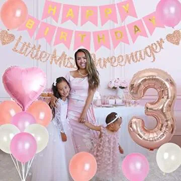 JOYMEMO 3rd Birthday Decorations for Girls Pink and Rose Gold Happy Birthday Banner Cake Topper, Little Miss Threenager Garland, Rose Gold Large Number 3 Foil Balloon and Pink Heart Balloons