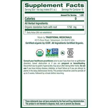 Traditional Medicinals Tea, Organic Dandelion Leaf & Root, Supports Kidney Function & Healthy Digestion, 16 Tea Bags (Pack of 2)