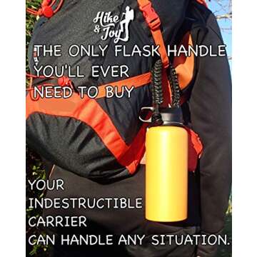 Hike And Joy Paracord Handle for Hydro Flask before 2020 and Other Wide Mouth Bottles -12 to 64oz. Includes Water Bottle Strap Carrier, Safety Ring and Carabiner. Ideal Water Bottle Handle for Hiking.