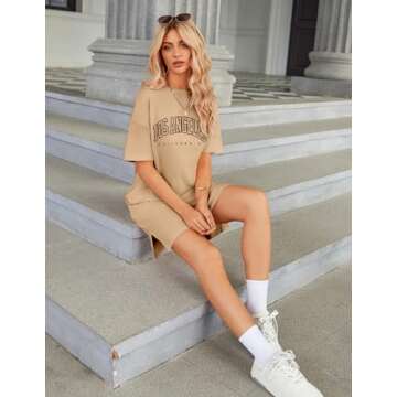 HOTOUCH Womens Summer Casual T Shirt Dresses with Pockets Graphic Print Short Sleeve Slit Hem Oversize Dress Khaki