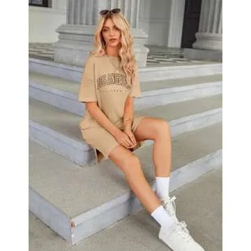 HOTOUCH Womens Summer Casual T Shirt Dresses with Pockets Graphic Print Short Sleeve Slit Hem Oversize Dress Khaki