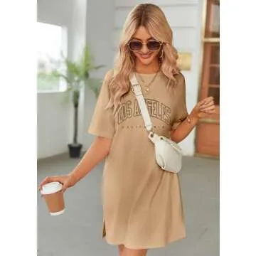HOTOUCH Womens Summer Casual T Shirt Dresses with Pockets Graphic Print Short Sleeve Slit Hem Oversize Dress Khaki