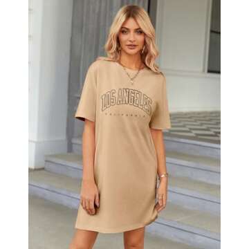 HOTOUCH Womens Summer Casual T Shirt Dresses with Pockets Graphic Print Short Sleeve Slit Hem Oversize Dress Khaki