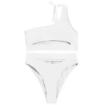Lilosy Petite Cutout One Shoulder High Waisted Cut Leg Thong Brazilian Bikini Swimsuit Set Women Cheeky Bottom Bathing Suit 2 Two Piece Knotted White X-Small