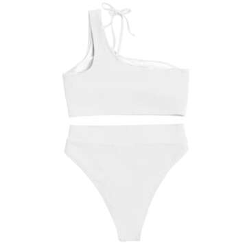 Lilosy Petite Cutout One Shoulder High Waisted Cut Leg Thong Brazilian Bikini Swimsuit Set Women Cheeky Bottom Bathing Suit 2 Two Piece Knotted White X-Small