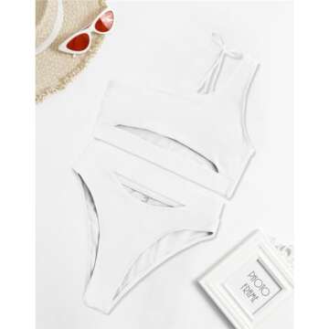 Lilosy Petite Cutout One Shoulder High Waisted Cut Leg Thong Brazilian Bikini Swimsuit Set Women Cheeky Bottom Bathing Suit 2 Two Piece Knotted White X-Small