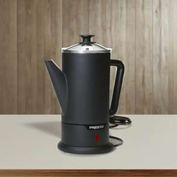 Presto 02815 12-Cup Cordless Coffee Percolator - Stainless Steel, Modern Design, Easy Pour Spout, Stay-Cool Handle, Matte-Black