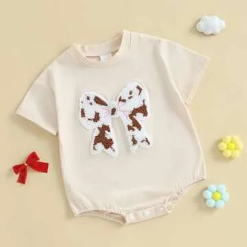 Mobbdow Newborn Infant Baby Girl Western Clothes Cow Bow Embroidery Short Sleeve Bubble Romper Oversized T-Shirt Bodysuit (Apricot, 0-3 Months)