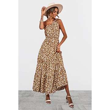 PRETTYGARDEN Women's Floral Maxi Dress 2024 Knot One Shoulder Sleeveless Ruffle Hem Flowy Boho Dresses(Jiang Yellow,Medium)