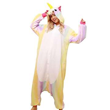NEWCOSPLAY Adult Unicorn Onesie Pajamas Plush One Piece Cosplay Animal Onesie Adult Rainbow Unicorn Costume Sleepwear(Small, Rainbow-yellow Unicorn)
