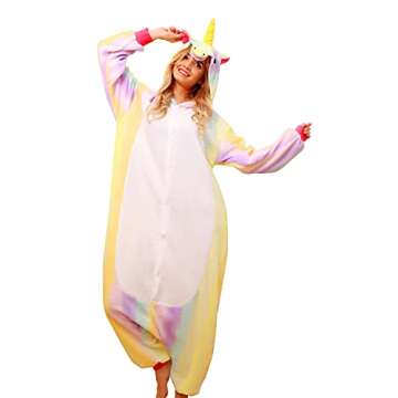 NEWCOSPLAY Adult Unicorn Onesie Pajamas Plush One Piece Cosplay Animal Onesie Adult Rainbow Unicorn Costume Sleepwear(Small, Rainbow-yellow Unicorn)