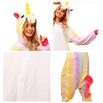 NEWCOSPLAY Adult Unicorn Onesie Pajamas Plush One Piece Cosplay Animal Onesie Adult Rainbow Unicorn Costume Sleepwear(Small, Rainbow-yellow Unicorn)
