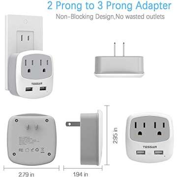 TESSAN US to Japan Plug Adapter, 2 Prong to 3 Prong Outlet Adapter with Two AC Outlets 2 USB Ports, Travel Power Adaptor for USA to Japanese Tokyo Canada Mexico Philippines Peru Colombia, Type A
