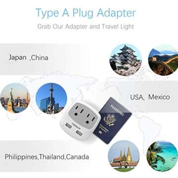 TESSAN US to Japan Plug Adapter, 2 Prong to 3 Prong Outlet Adapter with Two AC Outlets 2 USB Ports, Travel Power Adaptor for USA to Japanese Tokyo Canada Mexico Philippines Peru Colombia, Type A